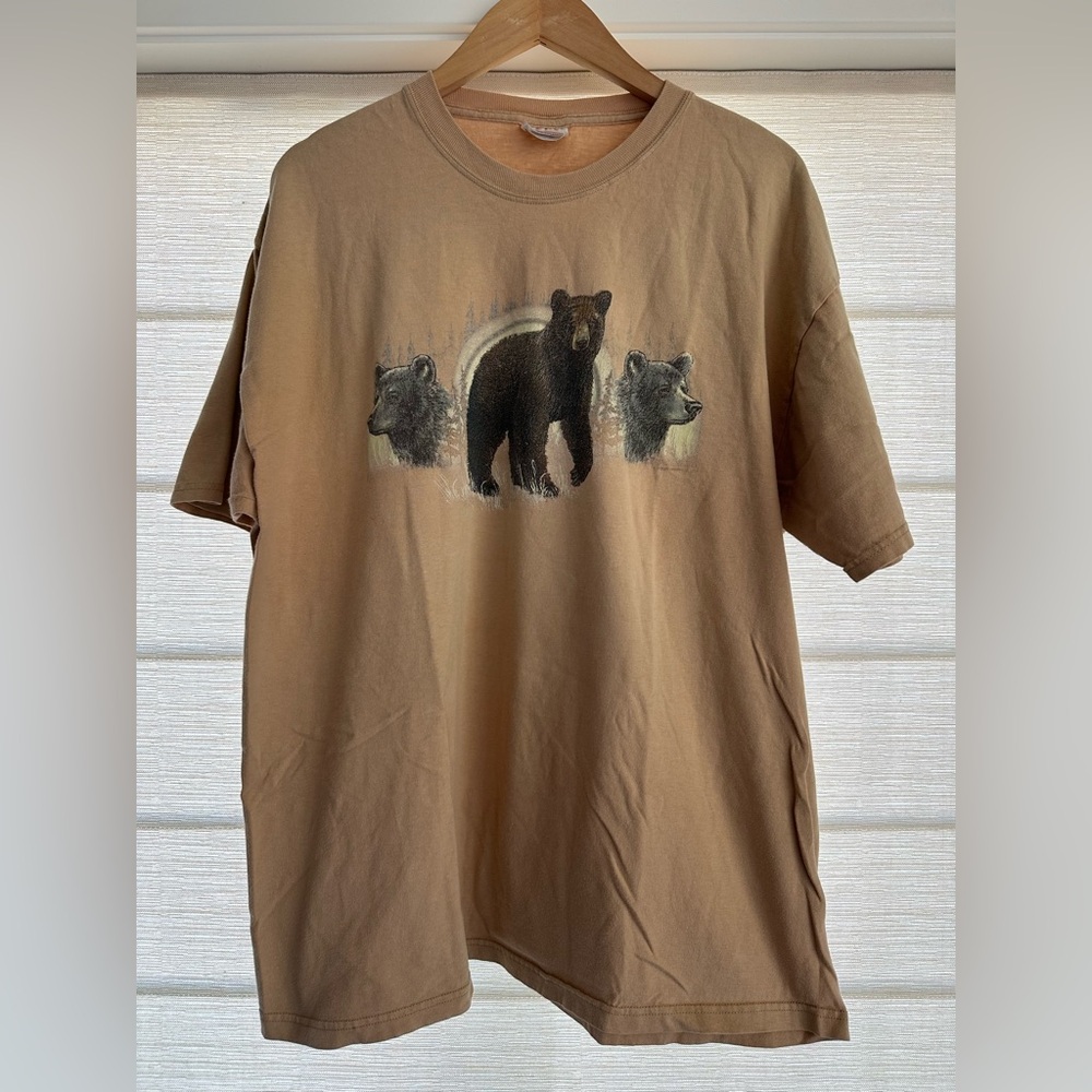 Brown Bear Vintage Multi Print Mens Size XL T Shirt Tan Hanes Oswalds Bear Ranch